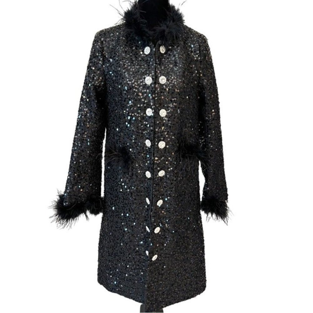 Black Sequin Faux Fur Long Jacket Small